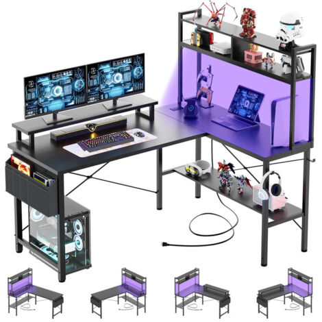 Small L-Shaped Corner Gaming Desk, Computer Desk with Power Outlets, LED Lights, Monitor Stand, Storage Shelf and Storage Bag for Home Office