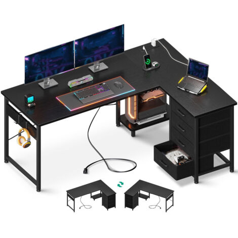 Corner Desk with Drawers, Reversible L Shaped Computer Desk with Power Outlet, USB Charging Port and Host Stand for Home Office