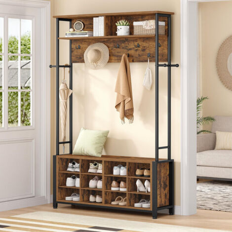 Coat Rack with Shoe Storage Hall Tree with Bench for Hallway, 14 Open Compartments, Adjustable Shelves, 13 Hooks and Top Storage for Living Room & Entrance