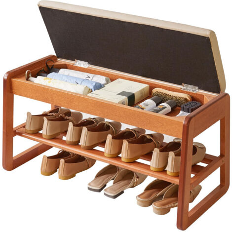 Wood Shoe Storage Bench with Flip-Top Storage, 2-Tier Entryway Shoe Bench, 31.5in Shoe Rack with Cushion for Living Room, Hallway & Bedroom
