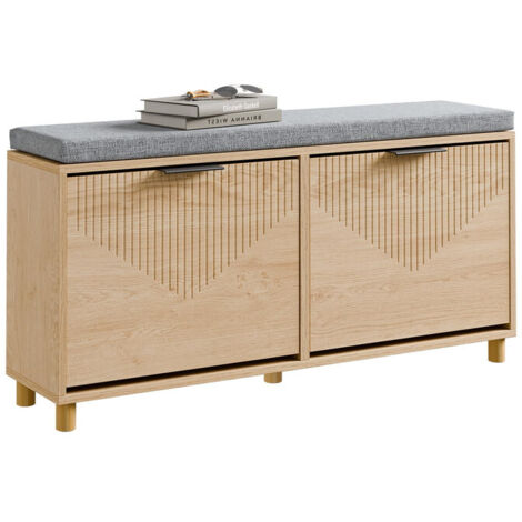 Narrow Shoe Storage Bench, Shoe Rack with Seat, 2 Flip Drawers Shoe Storage Cabinet, Wooden Hallway Bench with Cushion for Small Spaces