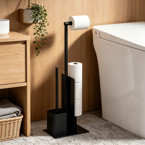 Toilet Roll Holder Freestanding, Stainless Steel Freestanding Toilet Paper Holder with Glass Baffle, Matte Black Toilet Roll Holder with Brush for Bathroom