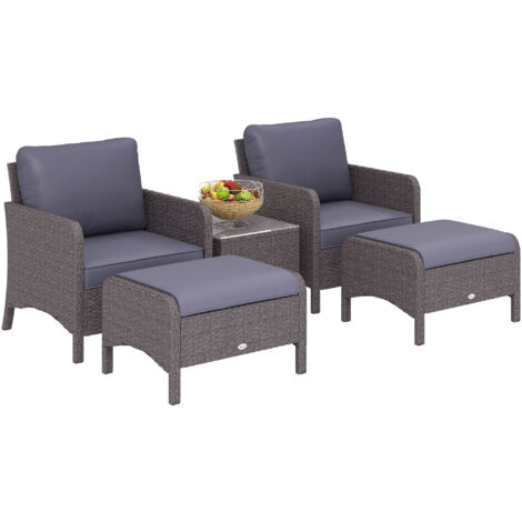 Set di mobili da esterno: 2 poltrone, 2 sgabelli, 1 tavolino da caffè in vetro temperato, in rattan grigio