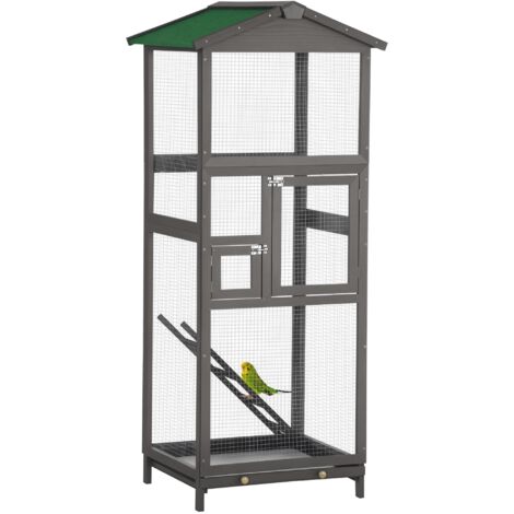 Gabbia per uccelli in legno di abete con rete metallica, voliera esterna, 2 porte, tetto asfalto, vassoio rimovibile, 68x63x165 cm, grigio chiaro
