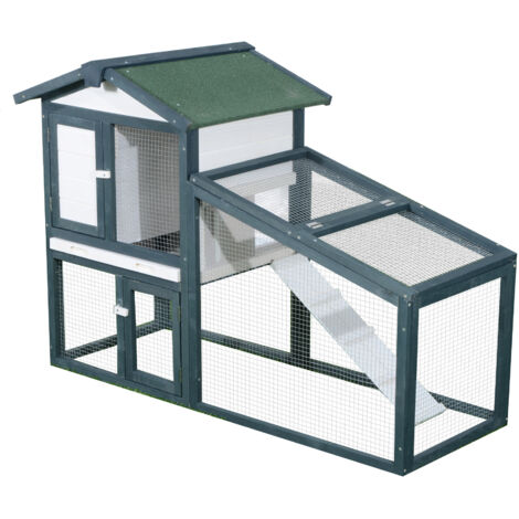 Gabbia per conigli e altri animali domestici a 2 livelli in legno di faggio con doppia porta, 140x65x100 cm, verde e bianca