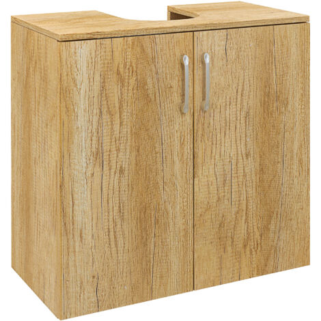 Mobiletto sottolavabo moderno, sospeso, con 2 ante, 2 ripiani e intaglio a U in legno, per lavabi con o senza colonna, colore naturale (1/5)