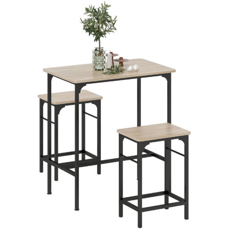 Set composto da tavolo da bar, 2 sgabelli alti, bancone bar e sedie da cucina salvaspazio, stile industriale, gambe in acciaio, legno e nero (1/5)
