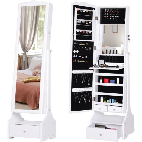 Mobile portagioie con LED, specchio, mobiletto, armadio, pavimento, ribaltabile, ripiano per il trucco, organizer con serratura, bianco
