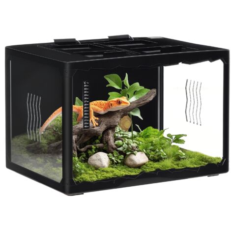 Terrario per tartarughe terrestri, camaleonti, iguane, gechi e rettili con termometro da 18 a 34 °C, 60x40x40,5 cm, nero