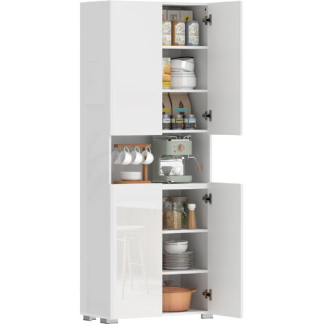 Credenza da cucina alta 180 cm, mobile dispensa con ante a chiusura ammortizzata, ripiano a giorno, 2 armadietti, ripiani regolabili, mobile da cucina moderno per sala da pranzo e soggiorno, bianco lu