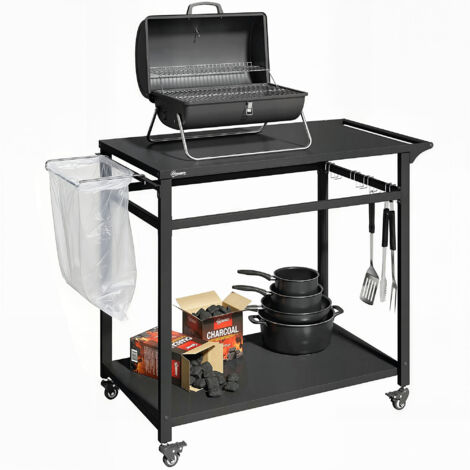Carrello da cucina con ruote, carrello di servizio a 2 ripiani con porta sacchi della spazzatura, ganci, maniglie, 113 x 50,5 x 88 cm Nero (1/5)