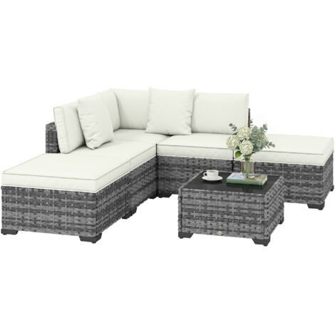 Set di mobili da giardino a 6 pezzi in rattan e acciaio con divano, tavolo e cuscini, grigio (1/5)