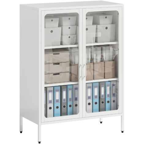 Portadocumenti mobile in acciaio con 2 ante in vetro e ripiani regolabili, 80x40x110 cm, bianco (1/5)