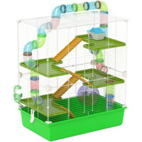 Gabbia spaziosa per criceti con beverino, ruota per esercizi, tubi e rampe, 69x59x36 cm, verde, include piattaforma, casetta e ciotola per cibo, doppia maniglia per trasporto
