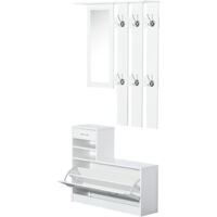 Set di mobili moderni per ingresso con scarpiera e specchio, appendiabiti con 6 ganci, 2 ripiani regolabili e cassetti in legno per corridoio, 90x24x166 cm, bianco.