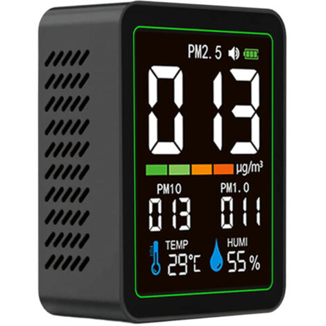 Monitor de partículas para interiores 5 en 1 con sensor láser, seguimiento de PM1.0, PM2.5 y PM10, visualización de temperatura y humedad, pantalla LCD a color, recargable mediante USB-C, formato port (1/5)