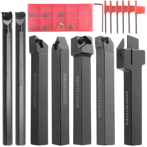 Juego de herramientas de torneado indexables de 1/2" (12 mm) (21 piezas): 7 portaherramientas, 7 insertos de carburo y 7 llaves para torneado, ranurado, mandrinado, roscado y corte. (1/5)