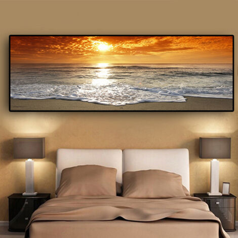 Cuadro de pared en lienzo HD de un solo marco que representa un paisaje de puesta de sol dorada en la playa.