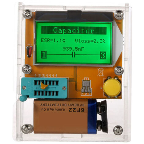 Comprobador multifuncional de transistores, diodos, triodos, condensadores, ESR, MOS, PNP, NPN y LCR con pantalla LCD retroiluminada y estuche de transporte.