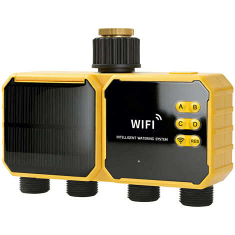 Temporizador de riego solar WiFi, sensor de lluvia, controlador inteligente para exteriores, G3/4", control por aplicación, recargable mediante energía solar y USB-C.