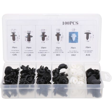 Kit de 100 tornillos de expansión para fijar molduras y piezas de la carrocería del automóvil, que incluye una herramienta de extracción y un destornillador. (1/5)