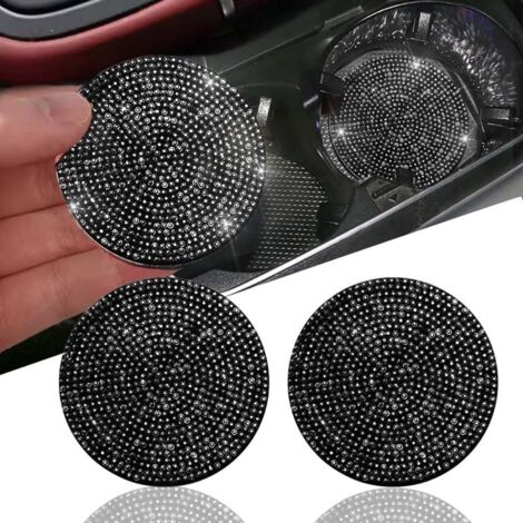 Posavasos brillantes (juego de 2), universales, antideslizantes, de silicona, con diamantes de imitación de cristal, accesorios para el interior del coche, color negro. (1/5)