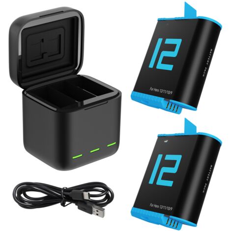 Cargador de baterías TELESIN para cámaras y videocámaras GoPro Hero 9, 10, 11 y 12: cargador de 3 compartimentos + kit de 2 baterías.