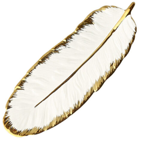 Bandeja decorativa de cerámica con forma de hoja, adornada con plumas realistas, para joyas, anillos, baratijas, fruta, postres y objetos pequeños.