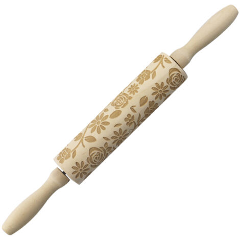 Rodillo de madera repujado, con grabado de rosas y conejos, para hornear y preparar galletas de Pascua. (1/5)