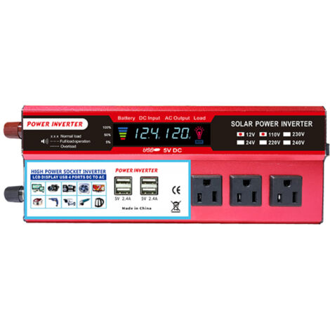 Inversor solar de onda sinusoidal pura de alta eficiencia, pantalla LCD, conversión de 12 V CC a 110 V CA, 2000 W.