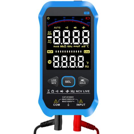 Multímetro digital profesional: mide voltaje, corriente, resistencia, frecuencia, capacitancia, diodo, temperatura, RMS, NCV y detección de cables con corriente.