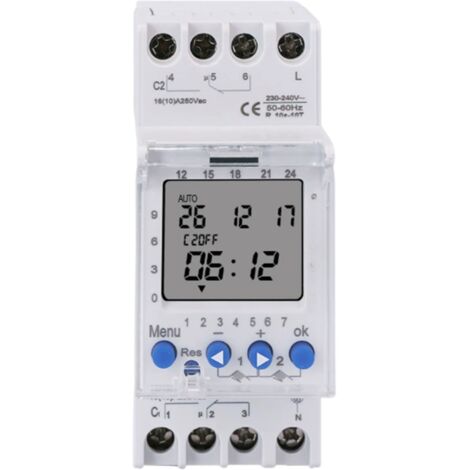 Temporizador digital programable de 2 canales TM612, 230 V 16 A, montaje en riel DIN, programación semanal.