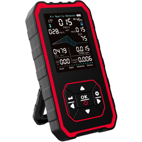 Analizador portátil 10 en 1 de calidad del aire interior con soporte, medición en tiempo real de AIQ, CO₂, CO, PM2.5, PM1.0, PM10, TVOC, HCHO, temperatura y humedad. Alerta integrada. Color negro y ro