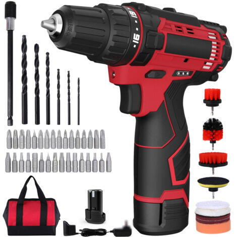 Kit de taladro atornillador inalámbrico de 12 V, 50 escobillas, embrague 18+1, LED, 2 velocidades, torque de 280 in-lb, portabrocas sin llave de 3/8", para madera, metal y ladrillo. (1/5)