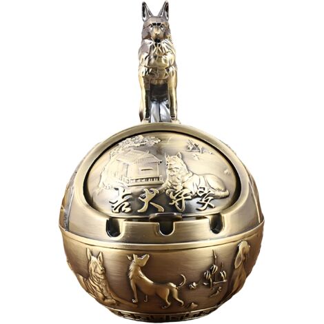 Cenicero metálico vintage con tapa resistente al viento, libre de humo y olores, adorno de perro de bronce tallado a mano.