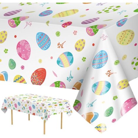 Juego de 2 manteles de Pascua, coloridos estampados de huevos de Pascua, manteles rectangulares de plástico desechables, 274 x 137 cm (1/5)