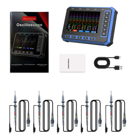 Osciloscopio digital de 5 canales, ancho de banda de 1 MHz, frecuencia de muestreo de 3 MSa/s, pantalla IPS de 4,3 pulgadas, conexión USB-C para PC, con 5 sondas.
