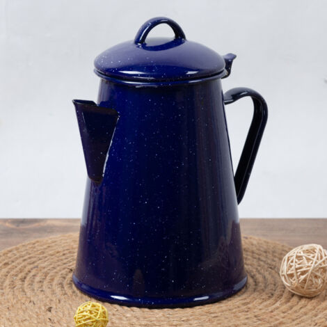 Cafetera o tetera vintage de esmalte azul moteado, ideal para cocinar en interiores, acampar y actividades al aire libre.