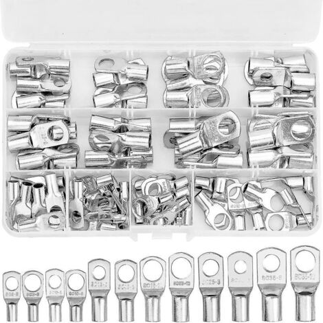 80 terminales de crimpado para cables y baterías, fabricados en cobre, con orificios para tornillos de 6 mm, 10 mm, 16 mm, 25 mm, 35 mm, 6 mm, M8 y M10.