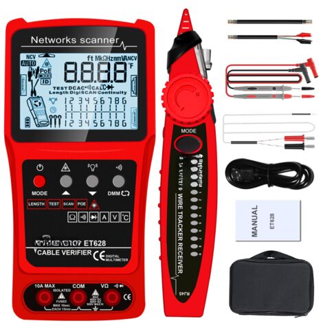 Multímetro portátil 3 en 1 – Medición longitud cable – Pantalla LCD – Búsqueda PoE – Prueba emparejamiento – Cortocircuito red (1/5)