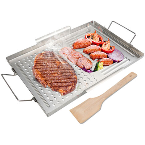 Plancha de barbacoa antiadherente de acero inoxidable, parrilla portátil para acampar con asa, utensilios para barbacoa, espátula de madera para carnes, pescados, verduras, filetes y mariscos. (1/5)