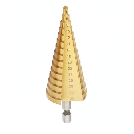 Broca escalonada HSS de 4-32 mm con ranura recta, recubrimiento de titanio, para madera y metal. (1/5)