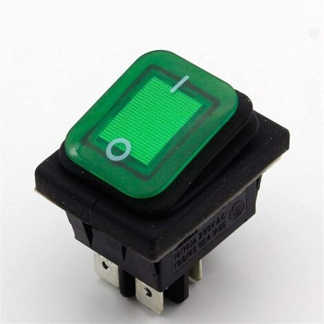 Interruptor basculante verde impermeable (1 unidad), IP55, 4 pines, 2 posiciones, 250 V CA, 16 A, con indicador LED.