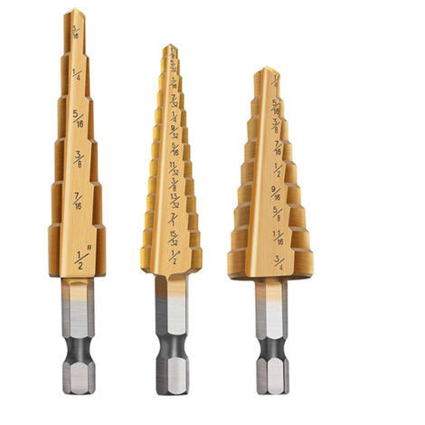 Juego de 3 brocas escalonadas de acero de alta velocidad (HSS) para taladrar múltiples agujeros en plástico, madera y metal. (1/5)