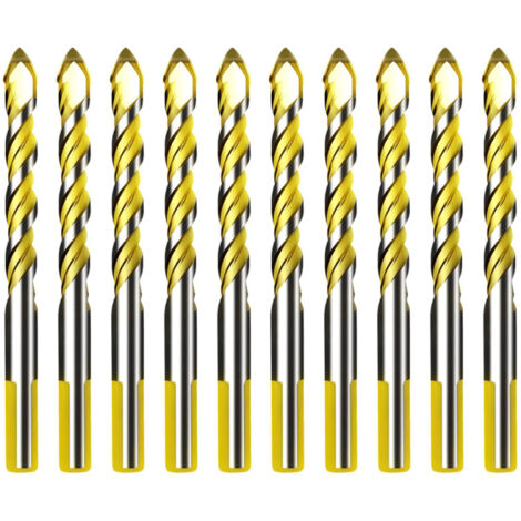 Juego de 10 brocas multifuncionales de carburo cementado, cabezales de corte triangulares de 8 mm, juego de brocas de doble ranura helicoidal para azulejos, suelos, madera y vidrio. (1/5)