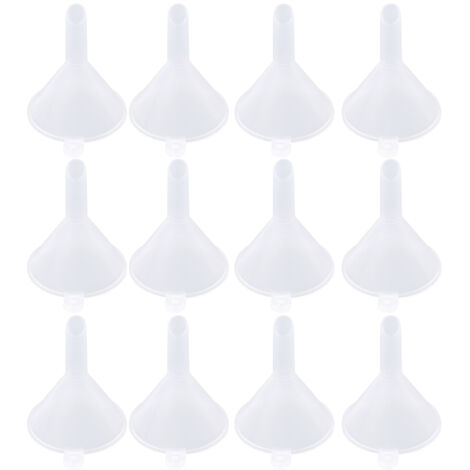 Juego de 12 mini embudos de plástico para transferir líquidos (31 mm de diámetro), aptos para ácidos y bases, para llenar frascos de perfume y aceites esenciales. (1/5)