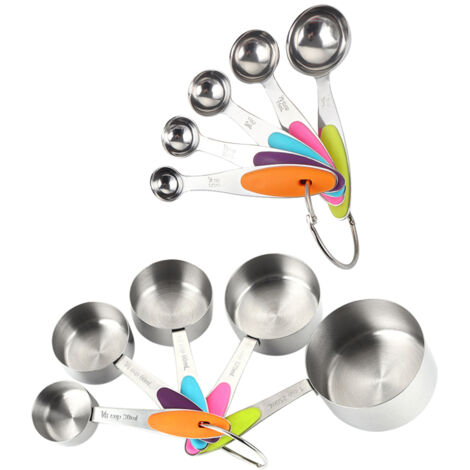 Juego de 10 tazas y cucharas medidoras para ingredientes secos y líquidos. Utensilios de cocina y repostería de acero inoxidable resistentes al calor. (1/5)