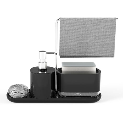 Juego de dispensadores de jabón para manos y platos, dispensador de jabón con soporte para esponja y soporte para trapos, organizador de caja de líquidos tipo pulsador para el hogar. (1/5)