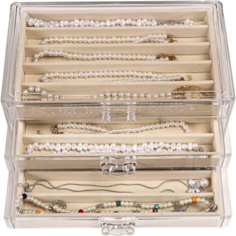 CLUQMEIK - Caja organizadora de collar con tapa transparente, soporte de terciopelo a prueba de polvo, vitrina de almacenamiento de acrílico apilable para mujeres y niñas (beige, 3 cajones) (1/5)