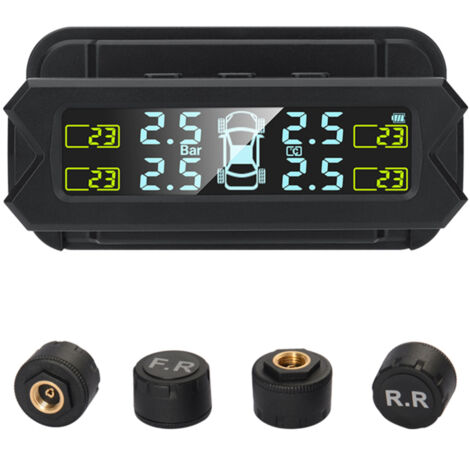 Sistema inalámbrico de monitoreo de presión de neumáticos (TPMS) alimentado por energía solar con 5 modos de alarma, pantalla LCD retroiluminada automática, 4 sensores de 0 a 81 PSI. (1/5)